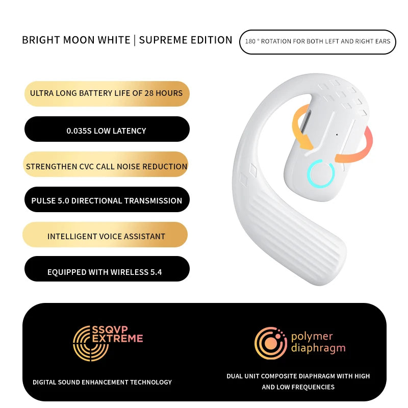 Bluetooth 5.4 Open Wireless Headset 180° Rotation Adjustable Left Right Ear Universal Ear-Hook Earphone With Mic Sport Business