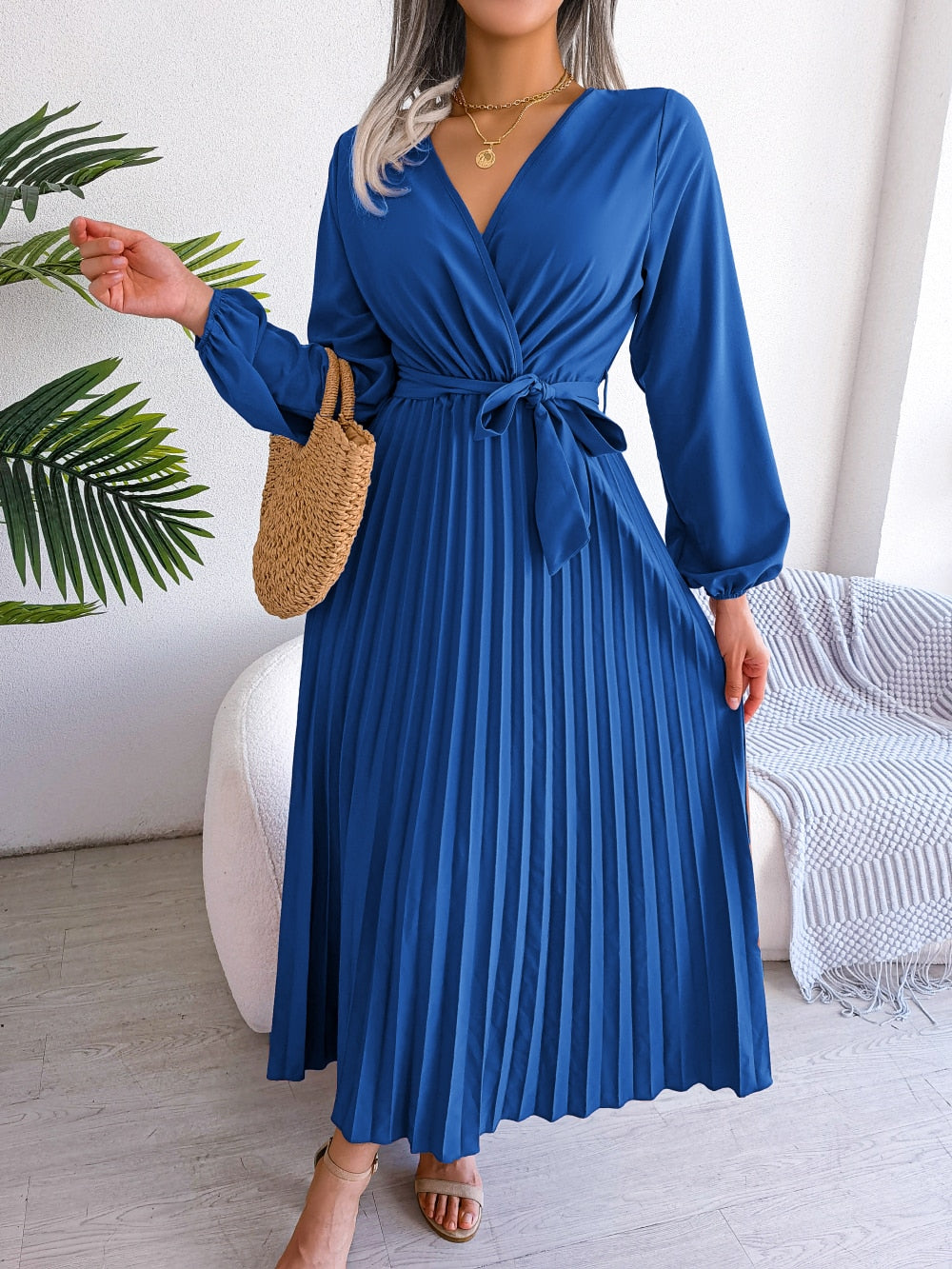 Elegant V Neck Long Sleeve Pleated Maxi Dress For Women