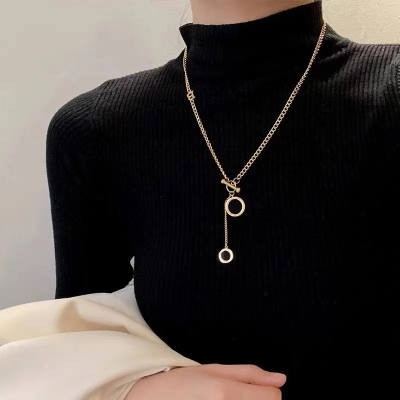 EILIECK 316L Stainless Steel Round Square Tiger Stripe Pendant Necklace For Women Fashion 2-Layers Neck Chian Waterproof Jewelry