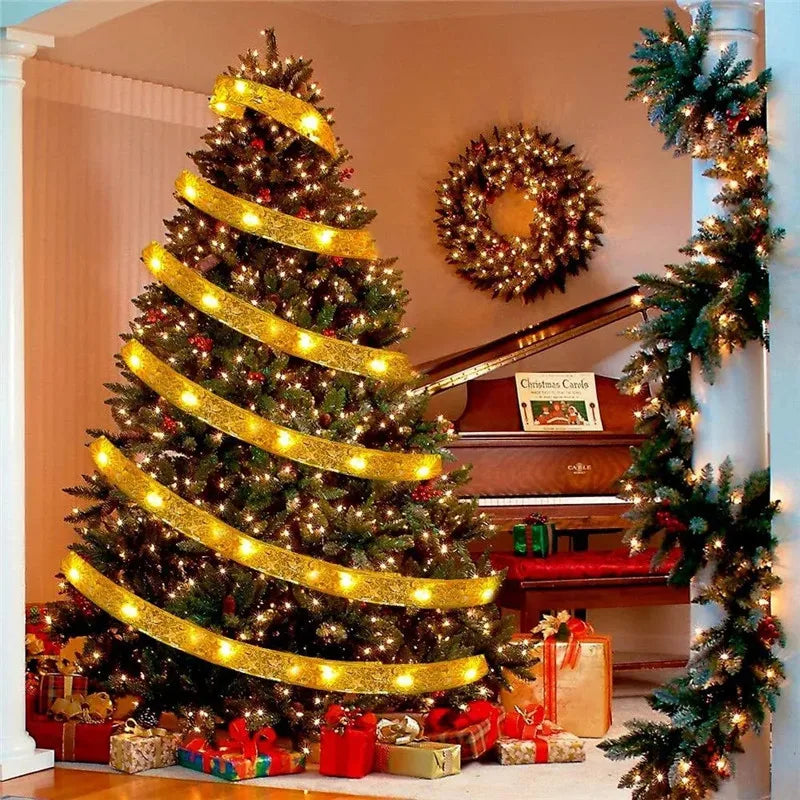 Christmas Ribbon Fairy Light Christmas Decoration DIY Bows String Light Tree Ornaments For Home 2024 Xmas Decor New Year Navidad