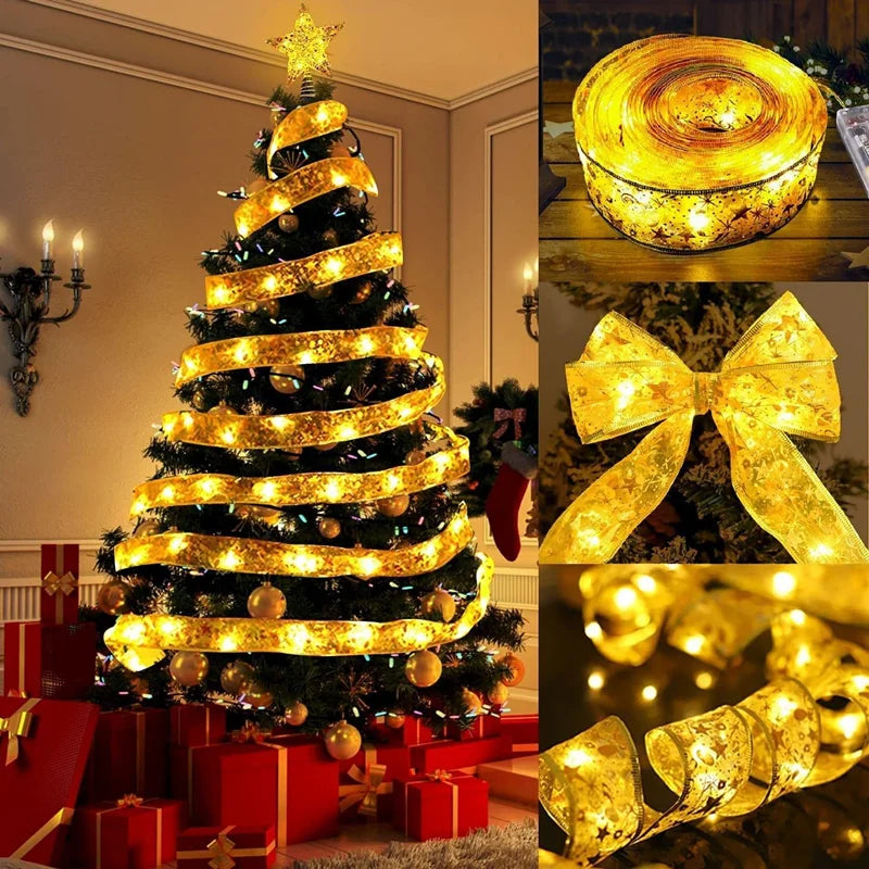 Christmas Ribbon Fairy Light Christmas Decoration DIY Bows String Light Tree Ornaments For Home 2024 Xmas Decor New Year Navidad