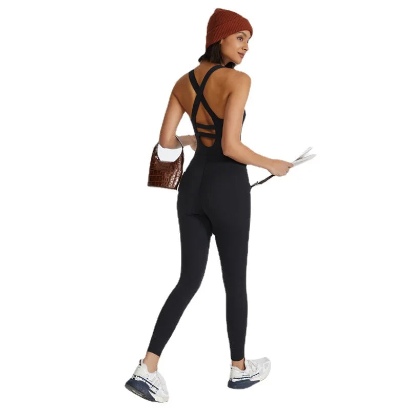 Back Cross Sports Jumpsuits Women One Pieces Bodysuits With Pads High Stretchy Yoga Rompers Soft Breathable Sportswear S-XL