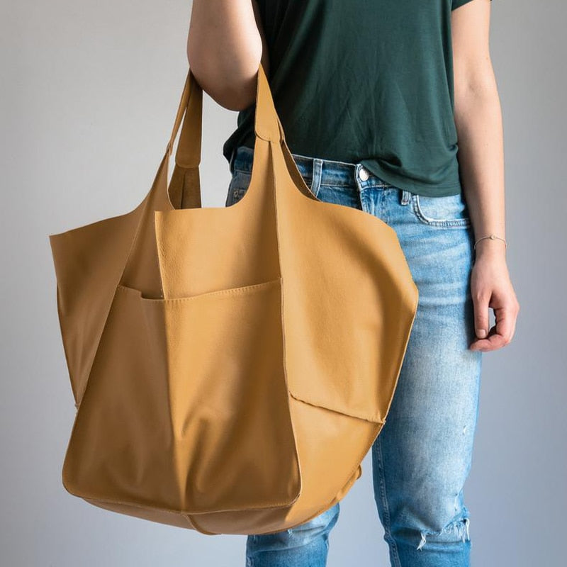Retro Handmade Big Beach Bag High Capacity Zipper Shoulder Solid Color Multifunction Handbags For Ladies