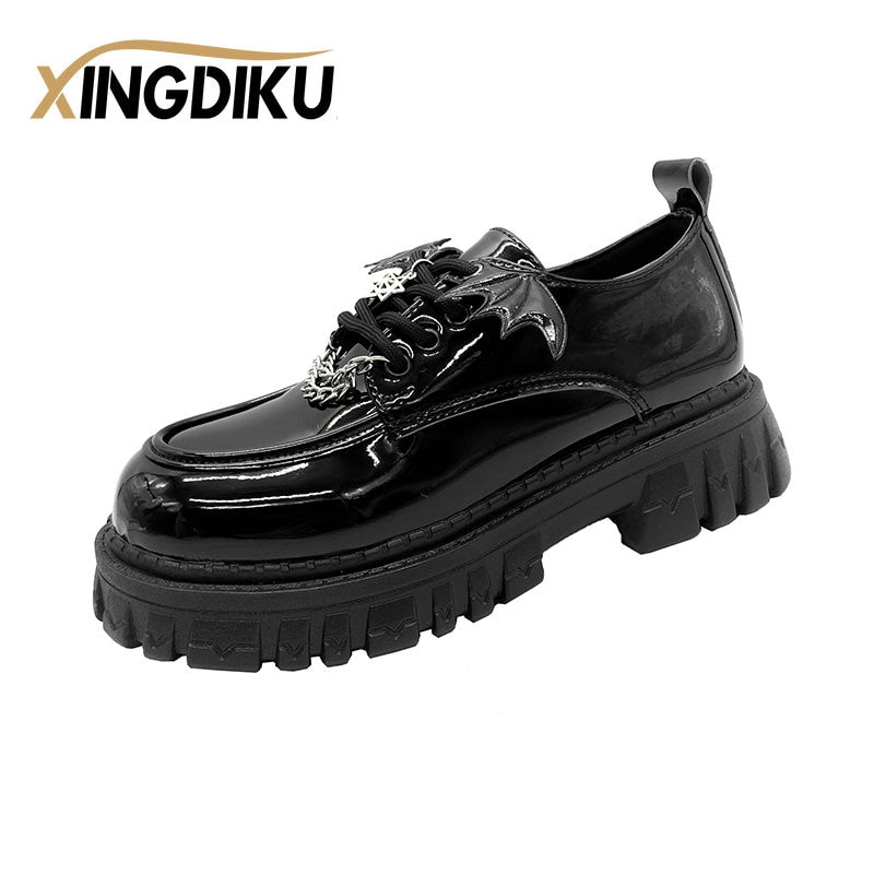 Autumn New Devil Bat Wings Gothic Women's Shoes Thick Bottom Waterproof Platform Metal Chain