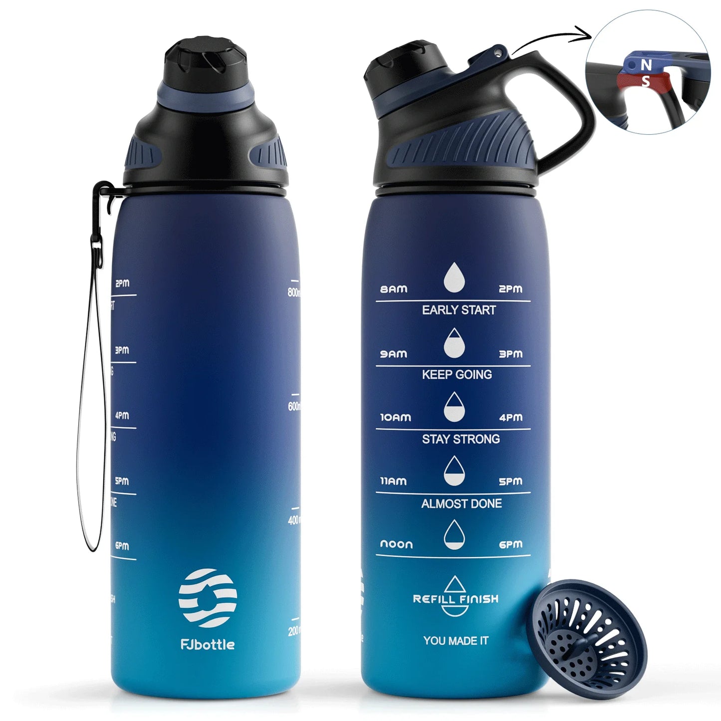 Fjbottle Plastic Water Bottle with Magnetic Lid, Leakproof Sports Water Bottle with Carry Strap BPA-FREE 1000ml