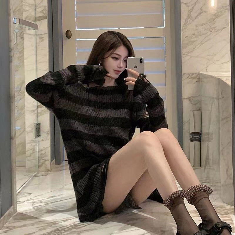 Summer Women Striped Cool Hollow Out Hole Broken Jumper Loose Rock Thin Dark Streetwear Top