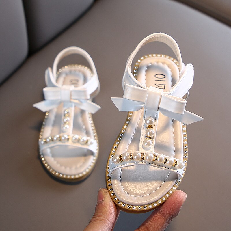 Elegant Pearl Rhinestone Party Princess Shoe Flats Non-slip Casual Girl Beach Sandal