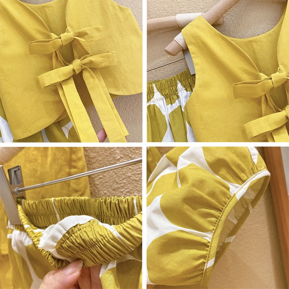 Three Piece Cotton Korean Fashion Pastoral Backless Suit Thin Pullover Girl's Vest Top Polka Dot Knickerbockers