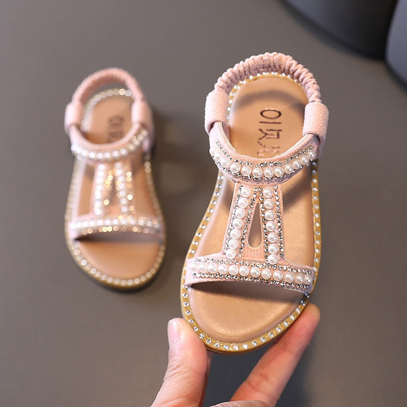 Elegant Pearl Rhinestone Party Princess Shoe Flats Non-slip Casual Girl Beach Sandal