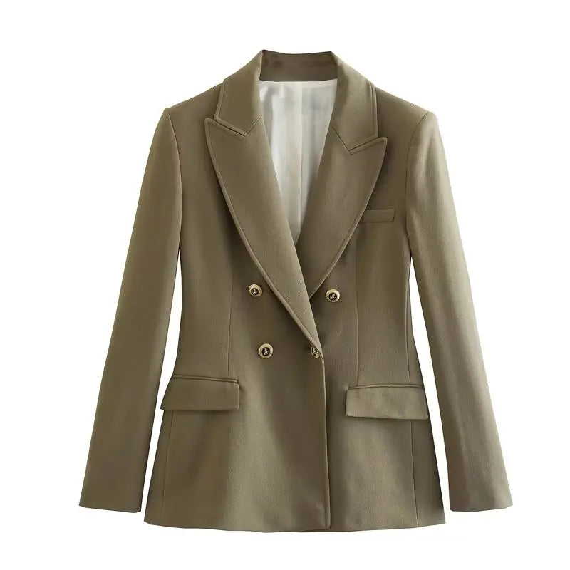 TRAFZA Fashion Women Long Sleeve Lapel Fake Pocket Decorate Suit Outerwear Women Elegant Double-Breasted Solid Five Colors Suit