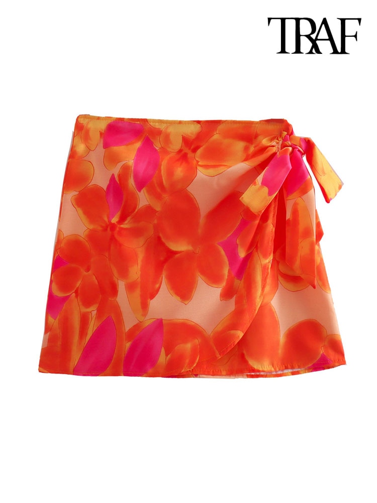 Women Fashion Front Metal Hooks Printed Bustier Tops And High Waist With Bow Tied Mini Skirt Female Two Piece Sets