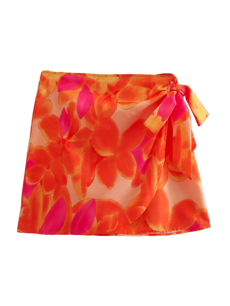 Women Fashion Front Metal Hooks Printed Bustier Tops And High Waist With Bow Tied Mini Skirt Female Two Piece Sets