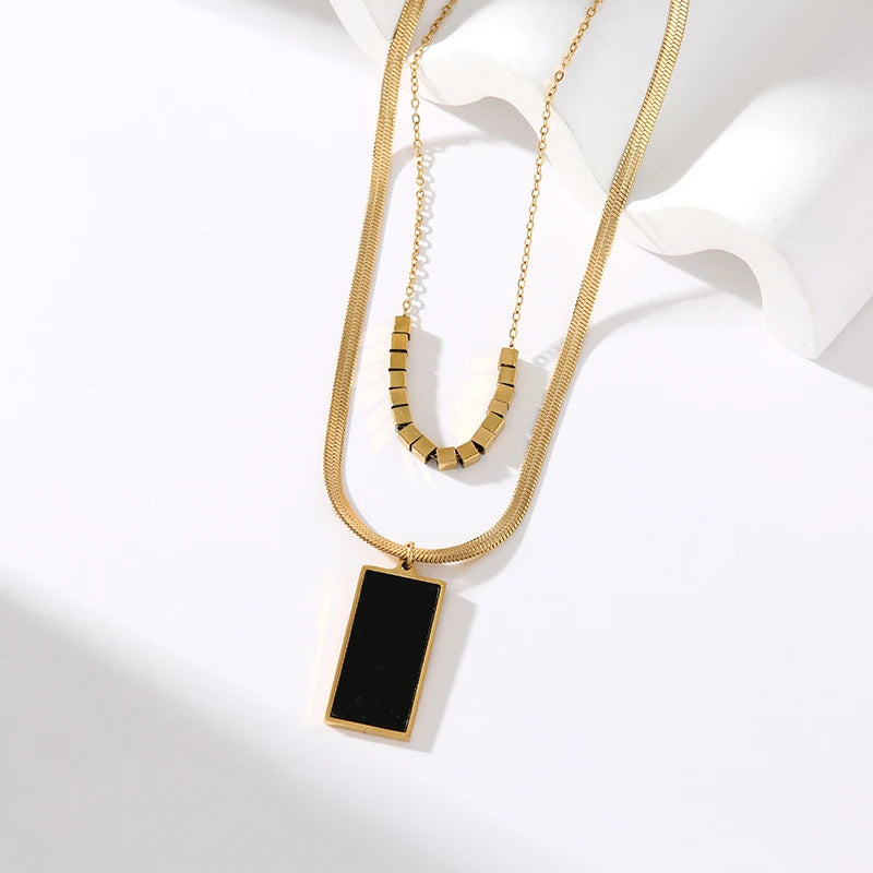 EILIECK 316L Stainless Steel Round Square Tiger Stripe Pendant Necklace For Women Fashion 2-Layers Neck Chian Waterproof Jewelry