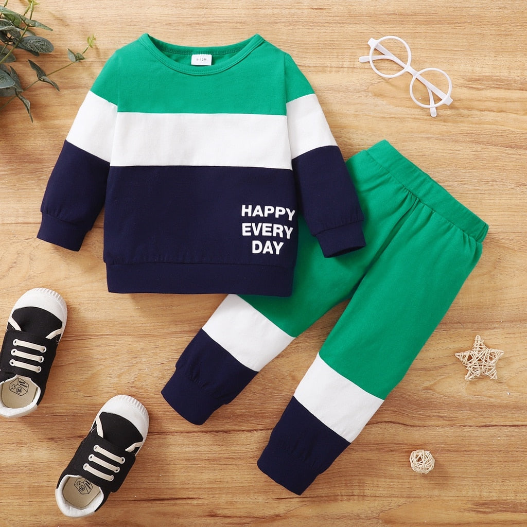 Newborn 0-2 Years Baby Boy Suit 2PCS Clothes Print Long Sleeve T-shirt Top + Long Pant Set