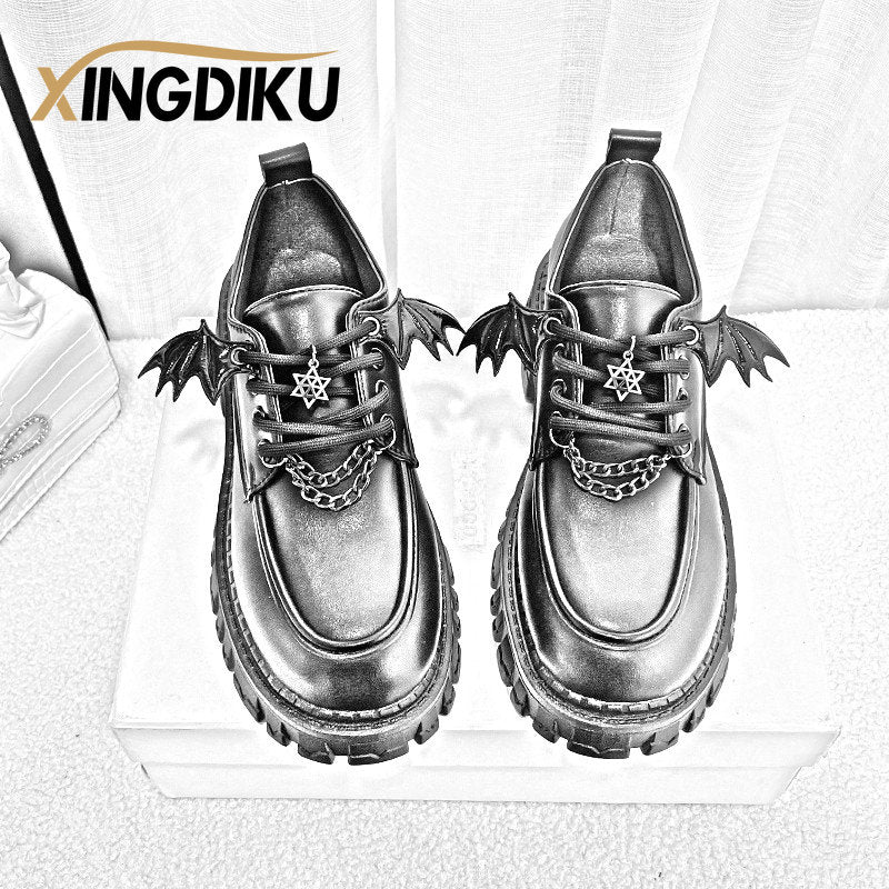 Autumn New Devil Bat Wings Gothic Women's Shoes Thick Bottom Waterproof Platform Metal Chain