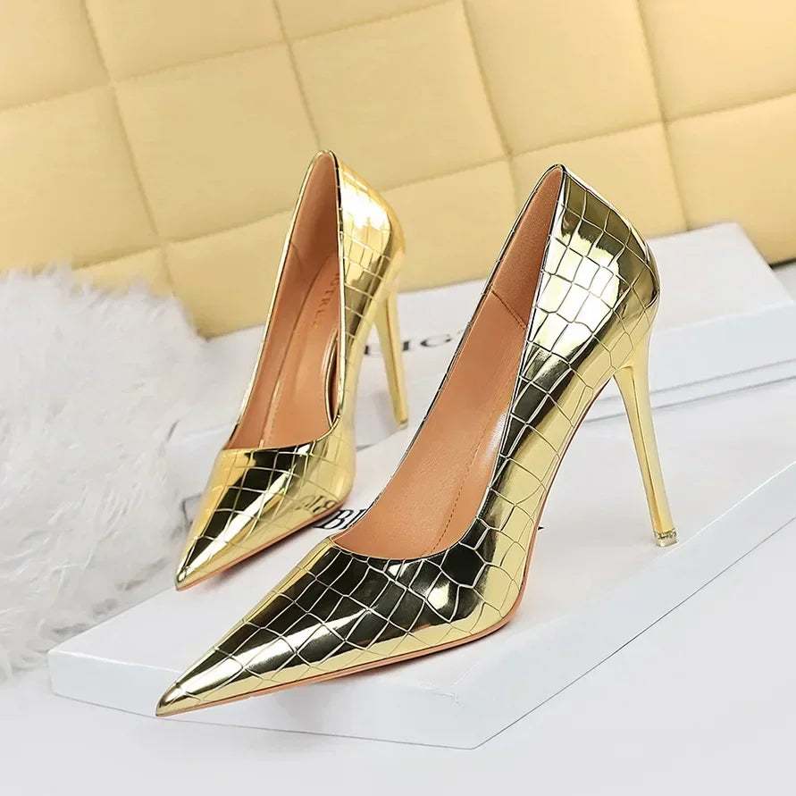 BIGTREE Serpentine Patent Leather Woman Pumps High Heels Sexy Pointed Toe Heels Shoes Zapatos Mujer