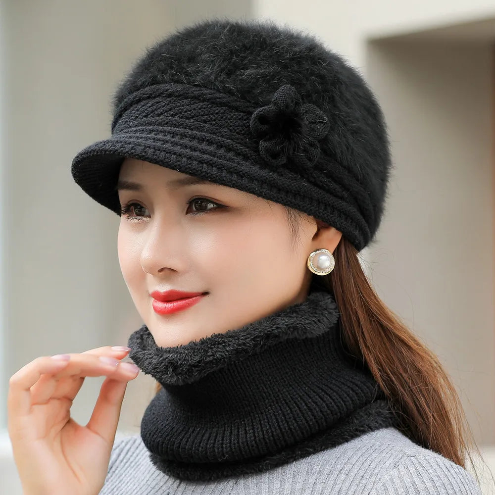 New Women Winter Hat Keep Warm Cap Add Fur Lined Hat & Scarf Warm Set Fashion Hat For Women Casual Faux Fur Flower Knitted Hat