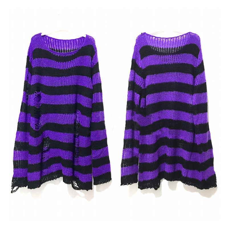 Summer Women Striped Cool Hollow Out Hole Broken Jumper Loose Rock Thin Dark Streetwear Top