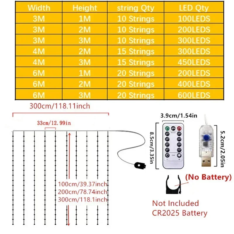 Curtain LED String Lights 3x3/2/1m Warm Light Remote Control Bedroom Holiday Wedding Christmas Decoration Fairy Garland Lamp