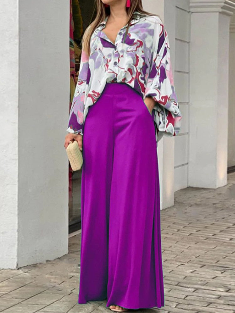 European and American Women's New Print Casual Suit Loose Large Polo Shirt High Waist Wide Leg Pants 2 Piece Set