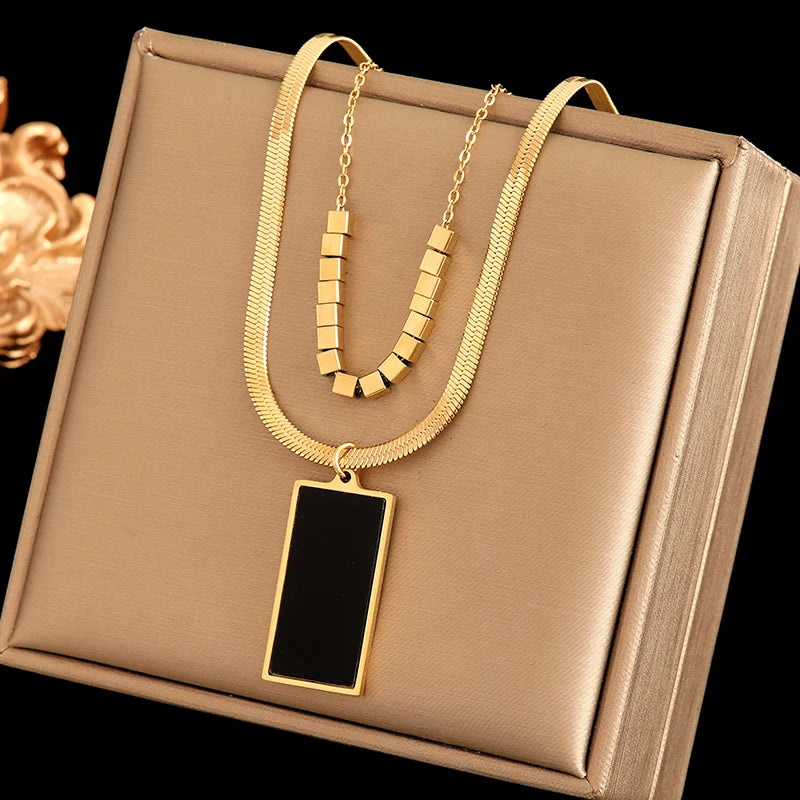 EILIECK 316L Stainless Steel Round Square Tiger Stripe Pendant Necklace For Women Fashion 2-Layers Neck Chian Waterproof Jewelry