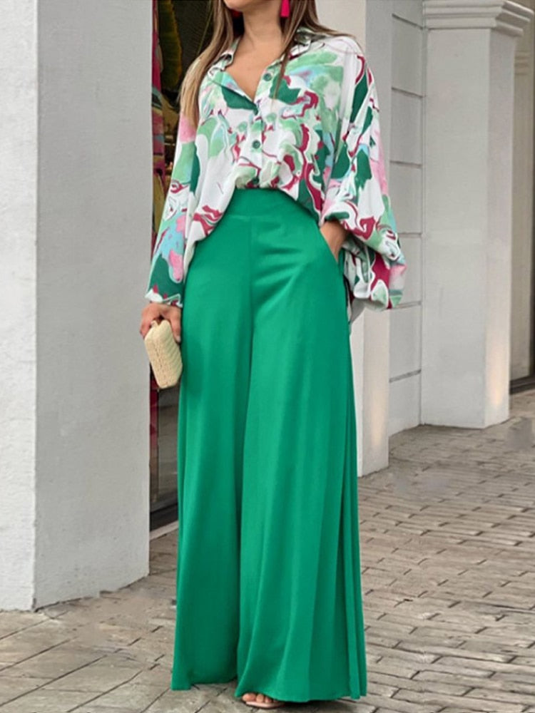 European and American Women's New Print Casual Suit Loose Large Polo Shirt High Waist Wide Leg Pants 2 Piece Set