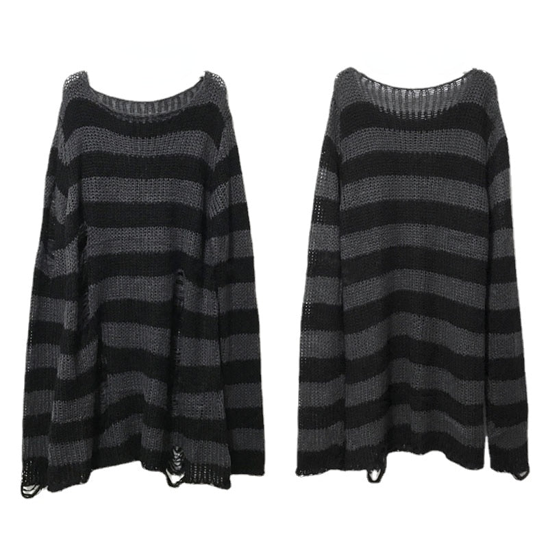 Summer Women Striped Cool Hollow Out Hole Broken Jumper Loose Rock Thin Dark Streetwear Top