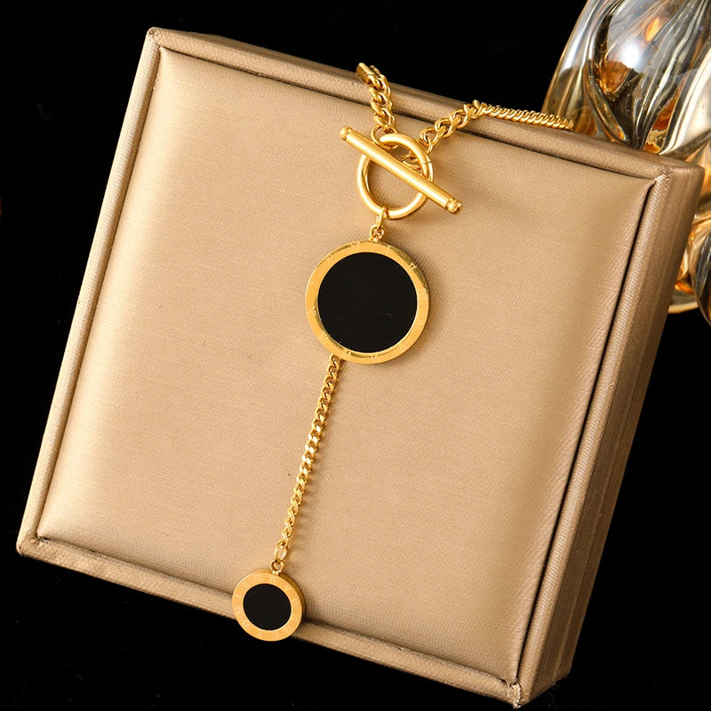 EILIECK 316L Stainless Steel Round Square Tiger Stripe Pendant Necklace For Women Fashion 2-Layers Neck Chian Waterproof Jewelry