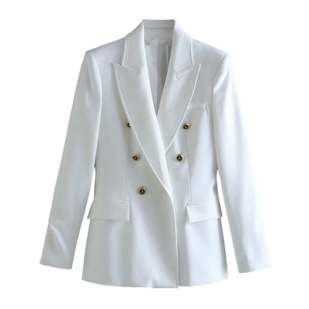 TRAFZA Fashion Women Long Sleeve Lapel Fake Pocket Decorate Suit Outerwear Women Elegant Double-Breasted Solid Five Colors Suit