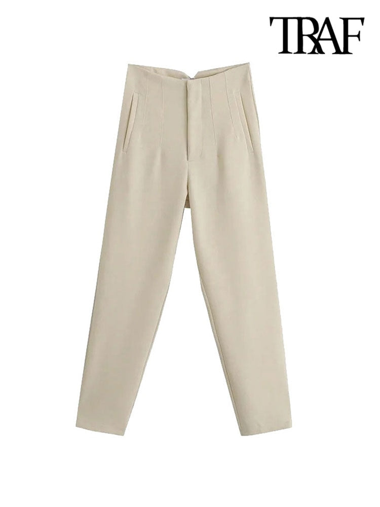High Waist Zipper Fly Female Ankle Trousers