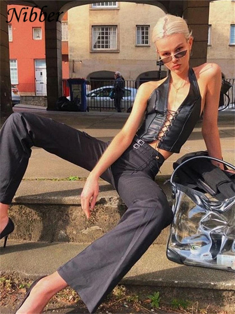 Black Leather Crop Top Womens Backless Camisole