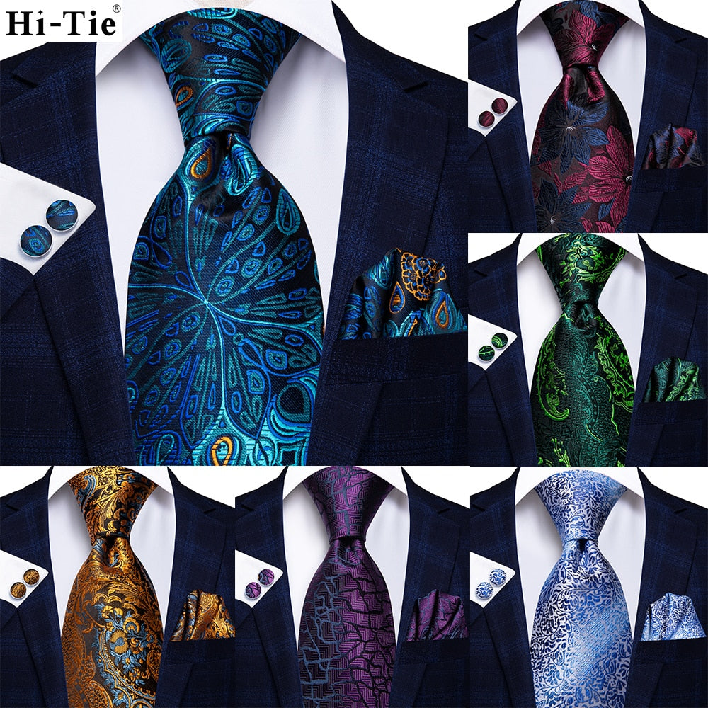 Hi-Tie Peacock Blue Novelty Design Silk Wedding Tie For Men