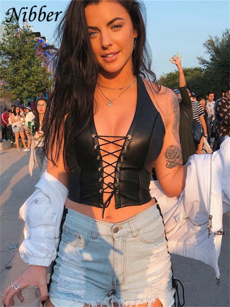 Black Leather Crop Top Womens Backless Camisole