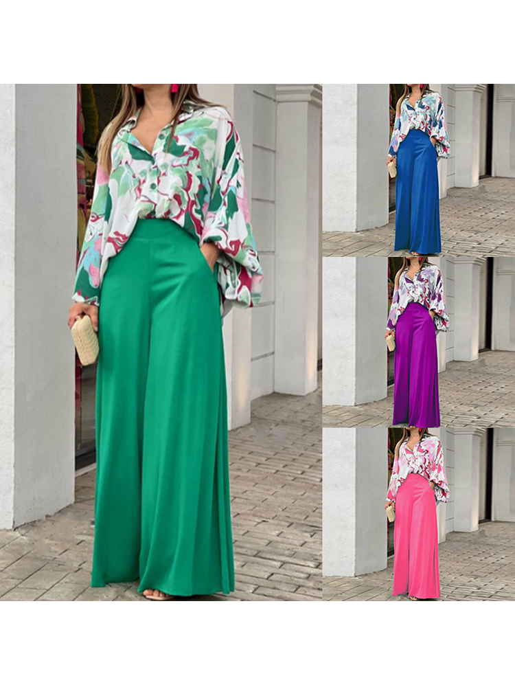 European and American Women's New Print Casual Suit Loose Large Polo Shirt High Waist Wide Leg Pants 2 Piece Set
