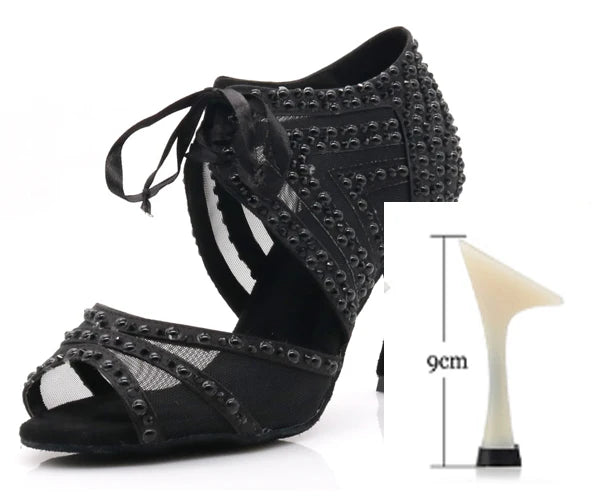 WUXIJIAO Brand Latin dance pearl decoration shoes soft bottom shoes salsa ballroom women lace high heel dance shoes Cuban heels