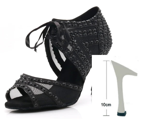 WUXIJIAO Brand Latin dance pearl decoration shoes soft bottom shoes salsa ballroom women lace high heel dance shoes Cuban heels