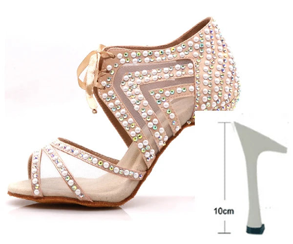 WUXIJIAO Brand Latin dance pearl decoration shoes soft bottom shoes salsa ballroom women lace high heel dance shoes Cuban heels