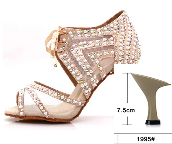 WUXIJIAO Brand Latin dance pearl decoration shoes soft bottom shoes salsa ballroom women lace high heel dance shoes Cuban heels