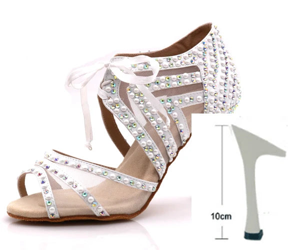 WUXIJIAO Brand Latin dance pearl decoration shoes soft bottom shoes salsa ballroom women lace high heel dance shoes Cuban heels