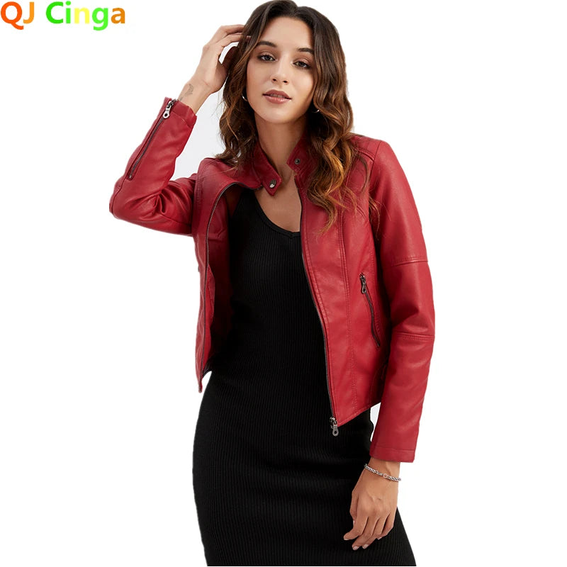 Spring / Autumn New Style Gules Leather Jacket Women's Fashionable Trim Motorcycle Women Coat Black Purple Brown S-4XL