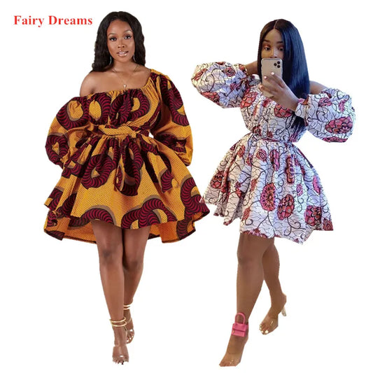 Women's African Cute Dress Traditional African Clothing Dashiki Ankara Bandage Summer Dresses Off Shoulder Print Ball Gown 2023