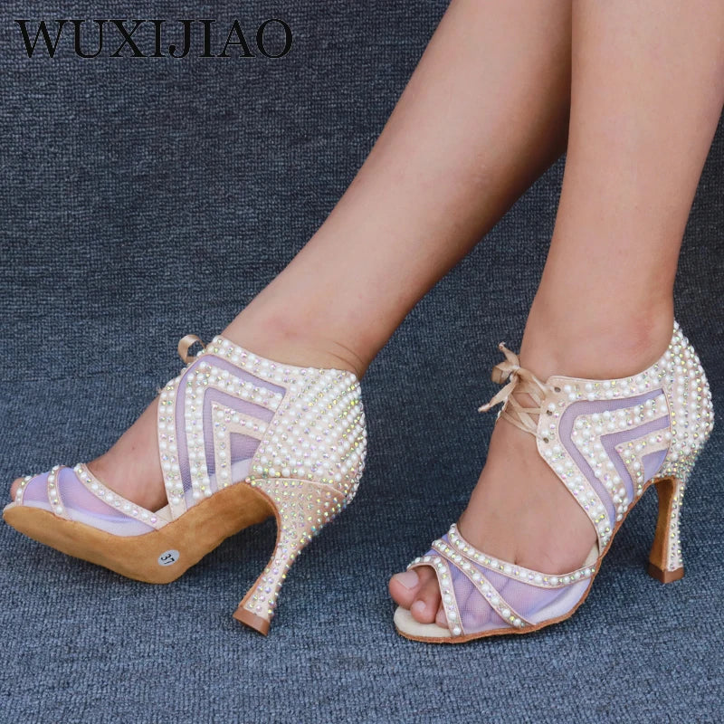 WUXIJIAO Brand Latin dance pearl decoration shoes soft bottom shoes salsa ballroom women lace high heel dance shoes Cuban heels