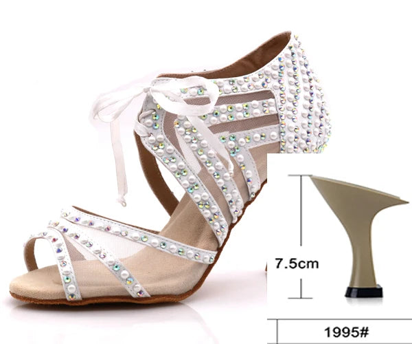 WUXIJIAO Brand Latin dance pearl decoration shoes soft bottom shoes salsa ballroom women lace high heel dance shoes Cuban heels