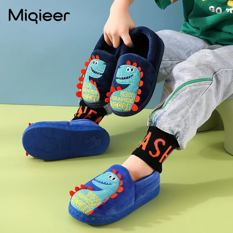 Kids Slippers Boys Indoor Home Autumn Winter Children Cute Dinosaur Anti Skid Soft Comfortable Wrap Heel Bedroom Floor Shoes