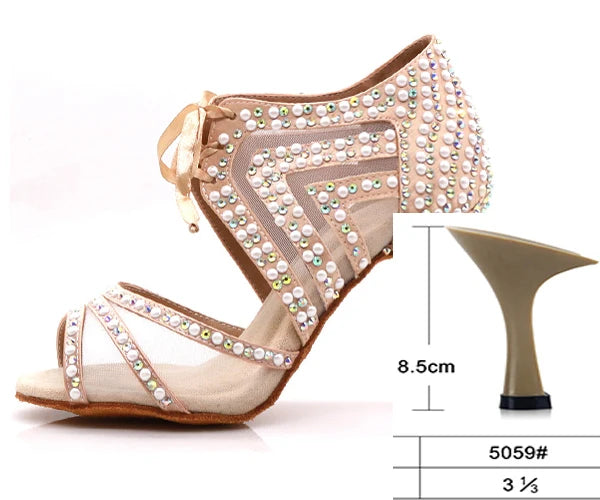 WUXIJIAO Brand Latin dance pearl decoration shoes soft bottom shoes salsa ballroom women lace high heel dance shoes Cuban heels