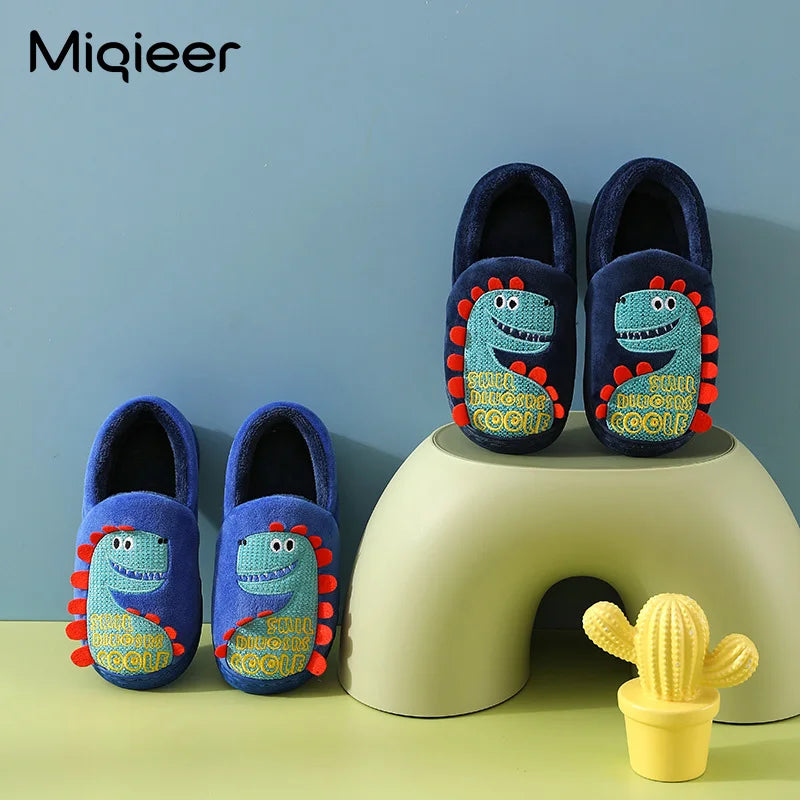 Kids Slippers Boys Indoor Home Autumn Winter Children Cute Dinosaur Anti Skid Soft Comfortable Wrap Heel Bedroom Floor Shoes