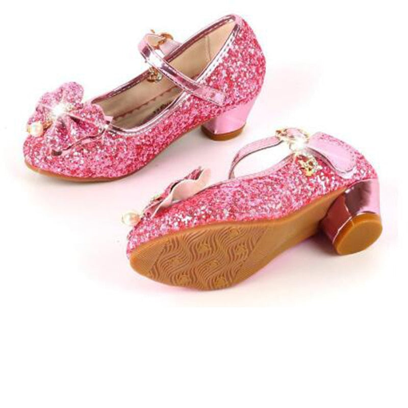 Princess Butterfly Leather Diamond Bowknot High Heel Dance Shoes Baby Girls Party Dance Shoes