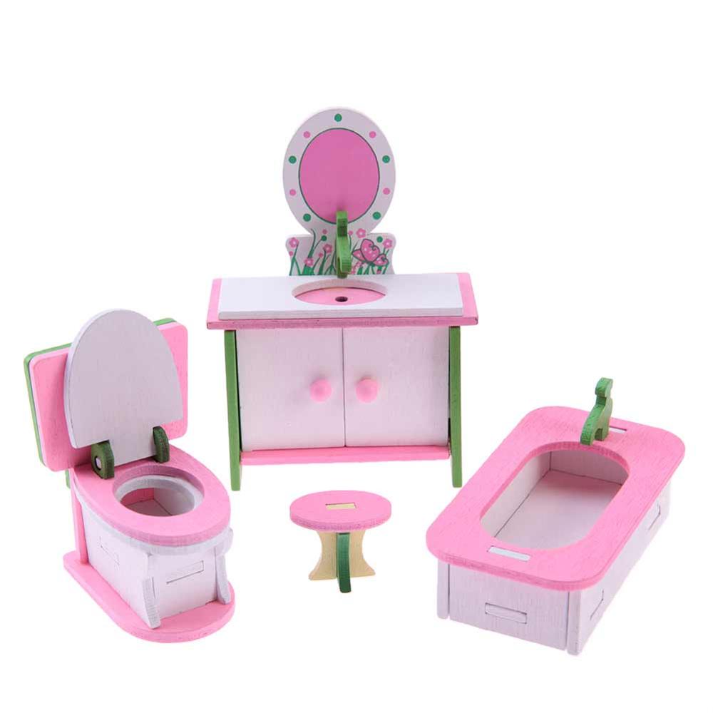 Pink Bathroom Furniture Bunk Bed House Furniture for Dolls Wood Miniature Furniture Wooden Toys