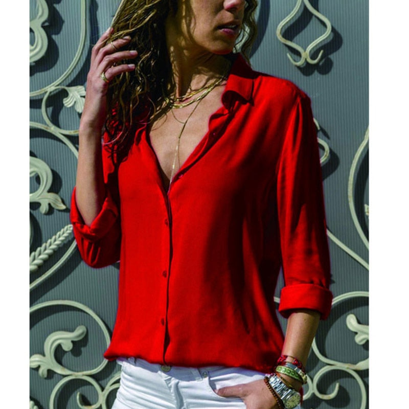 Spring Summer Elegant Long Sleeve Solid V-Neck Chiffon Blouse