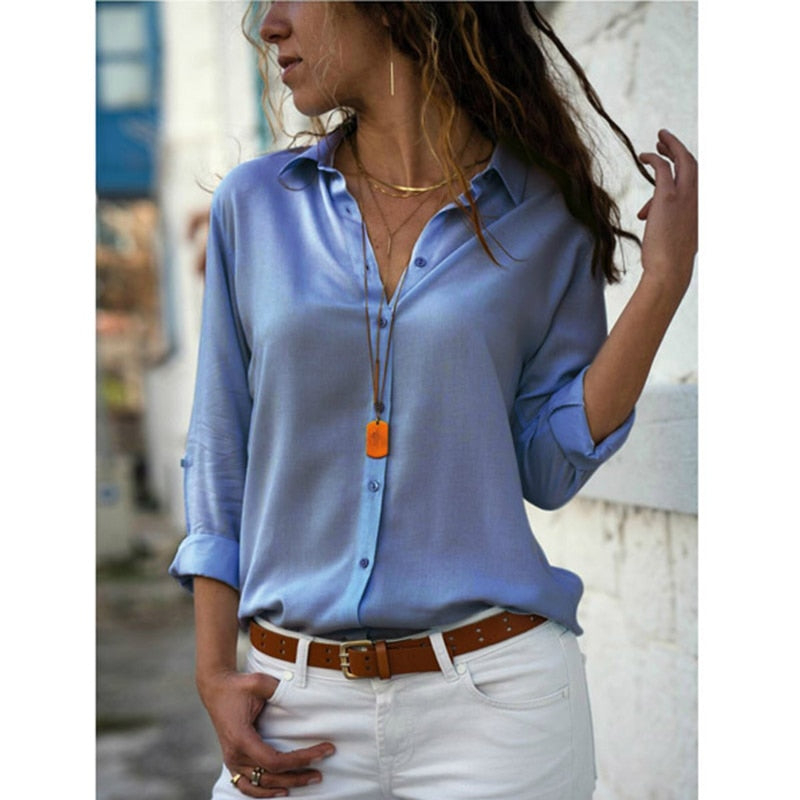 Spring Summer Elegant Long Sleeve Solid V-Neck Chiffon Blouse